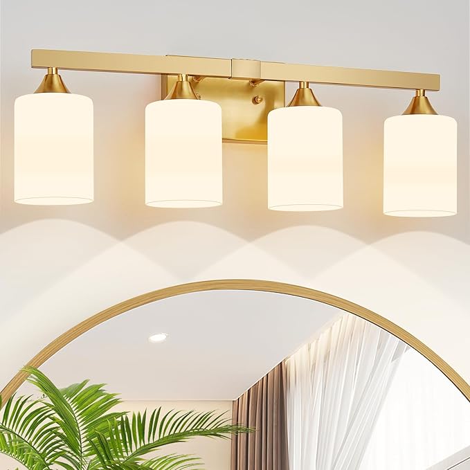 ZHU YAN 4-Light Bathroom Lighting Fixtures Over Mirror,Gold Bathroom Light Fixtures,Modern Wall Sconces Milky White Glass Shades for Bathroom Vanity Light,E26 Base