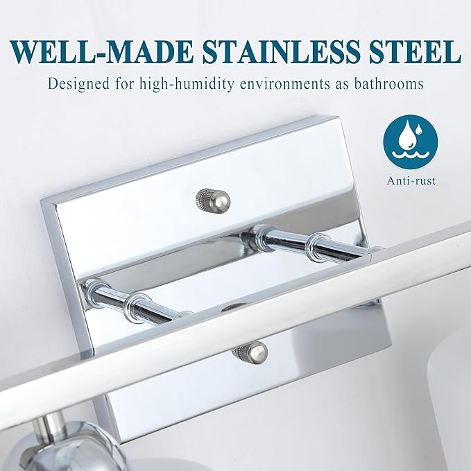 Mecgirn Stainless Steel Milk Glass Vanity Lights for Bathroom, 3 Light Chrome Bathroom Light Fixtures Over Mirror, Ceramic E26 Sockets Wall Mounted