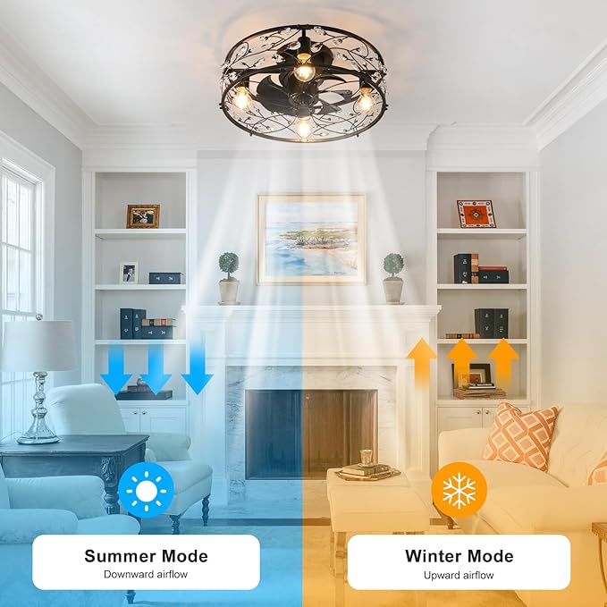Garwarm 20in Caged Ceiling Fan with Light,Rustic Industrial Ceiling Fans with Lights and Remote,Bladeless Black Fandelier Ceiling Fan,Flush Mount Fan Lights for Kitchen,Bedroom（6 Speed,Timing）