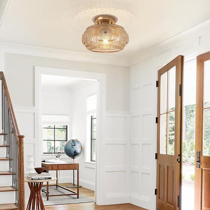Semi Flush Mount Ceiling Light, Upgraded Larger Amber Glass Ceiling Light Fixture, Vintage Lighting for Hallway Kitchen Bedroom Dining Room, Bulb Not Included