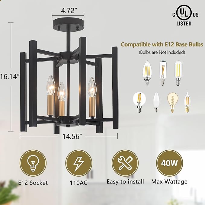 14.6'' Ceiling Light Fixture, 3-Light Black and Gold Semi Flush Mount Ceiling Light Fixture, Modern Farmhouse Industrial Ceiling Light for Hallway Entryway Kitchen Dining Room Bedroom