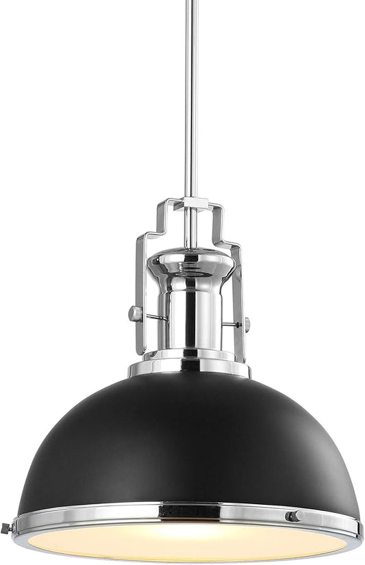 JONATHAN Y 13" Black/Chrome Modern Industrial Iron LED Dome Pendant Light, Adjustable Hanging Fixture for Kitchen Island or Entryway, Black Metal Shade, LED Bulb Included (JYL9536B)