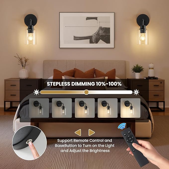 Epinl Battery Operated Wall Sconce Set of 2, Wireless Dimmable & Rechargeable Wall Lights with Timer Remote, 5000mAh Cordless Sconces for Bedroom Living Room Hallway Corridor, Black