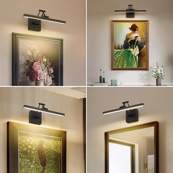 Hard-Wired Picture Light Dimmable LED Picture Lights for Paintings 15.7" Inch Black Metal Body Wall Pictures with Adjustable Swing Arm Art Display Lamps 7W 3000K Warm White Book Light