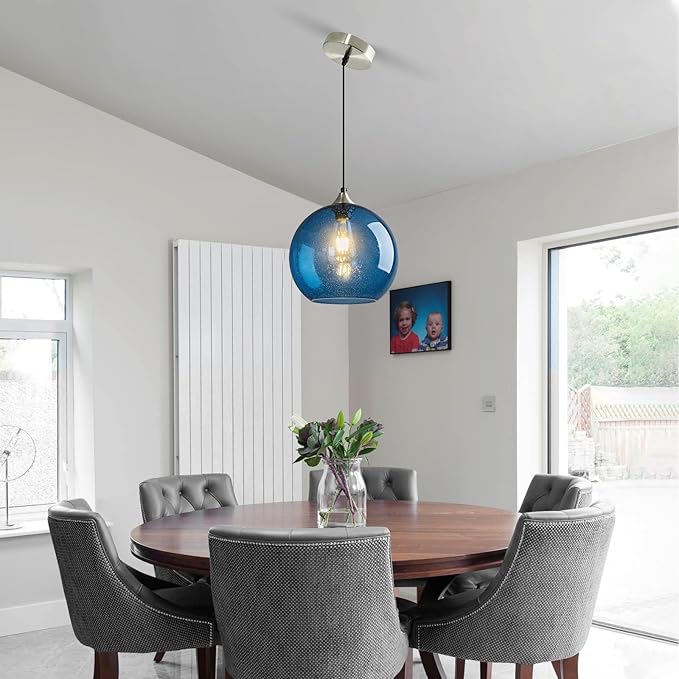 Mikeru Glass Globe Pendant Light Single, 5.9 Inch Blue Bubble Glass Hanging Lamp, Mid Century Modern Pendant Lighting for Kitchen Island Dining Room Bedroom (Bulb Not Included)