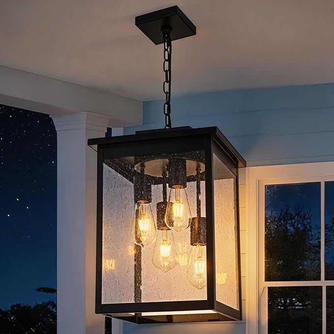 TODOLUZ 4-Lights Large Outdoor Pendant Light Fixture, Farmhouse Waterproof Black Porch Hanging Lighting with Adjustable Chain, Seeded Glass Panel & E26 Bulb Base for Patio Garden Entryway