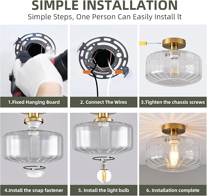 Gold Semi Flush Mount Ceiling Light, Luxury Close to Ceiling Light Fixtures with Transparent Glass Shade, Round Light Fixtures Ceiling Mount for Bathroom Dining Room Bedroom Living Room Hallway, E26