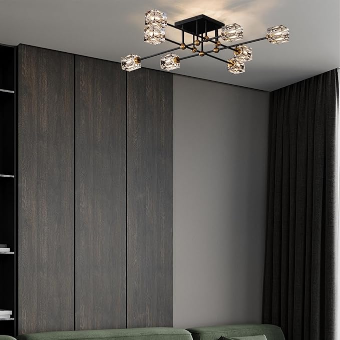 Modern Crystal Ceiling Light Fixture 13-Lights Black and Gold Semi Flush Mount Ceiling Light Farmhouse Chandeliers for Dining Room Kitchen Island Living Room Bedroom