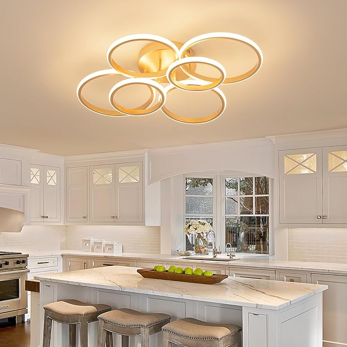 Modern Ceiling Lights, 6 Rings Dimmable Gold LED Ceiling Light Fixtures with Remote Control, 60W Close to Ceilings Lighting for Living Room, Bedroom, Dining Room