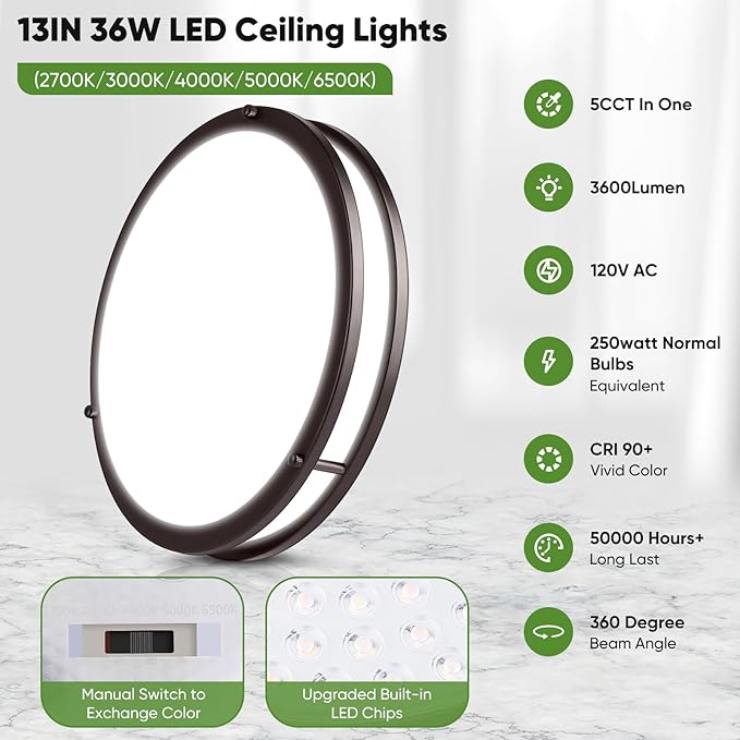 2-Pack 36W LED Ceiling Lights, 13inch Oil Rubbed Bronze Flush Mount Light Fixtures 3600LM 2700K/3000K/4000K/5000K/6500K Adjustable Ceiling Lights, Modern Dimmable Lighting for Kitchen Hallway Bathroom