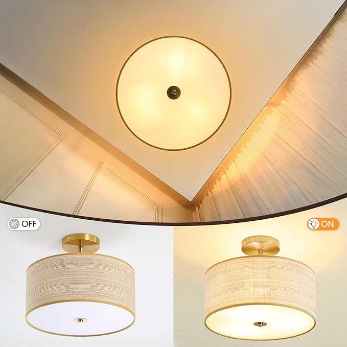 Fabric Semi Flush Mount Lighting Fixture, Modern Semi Chandeliers for Dining Room, Drum Farmhouse Ceiling Lighting Fixture, Brown Fabric Shade 3-Light for Kitchen Island Bedroom Hallway Foyer
