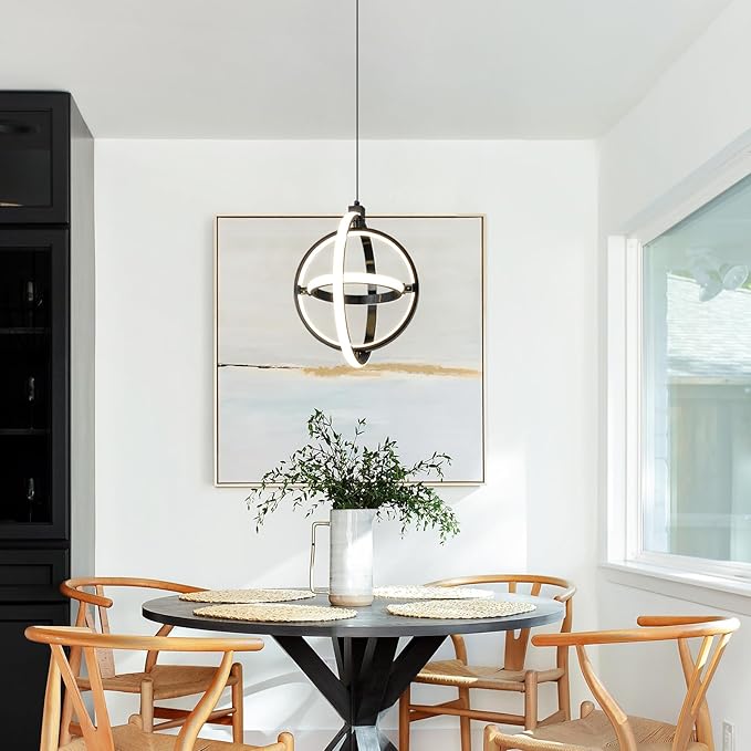 Modern LED Pendant Light Black Pendant Lights 4000K Dimmable External Glow Height Adjustable Pendant Lighting for Kitchen Island Dining Room Bedroom Living Room Foyer（3-Ring）