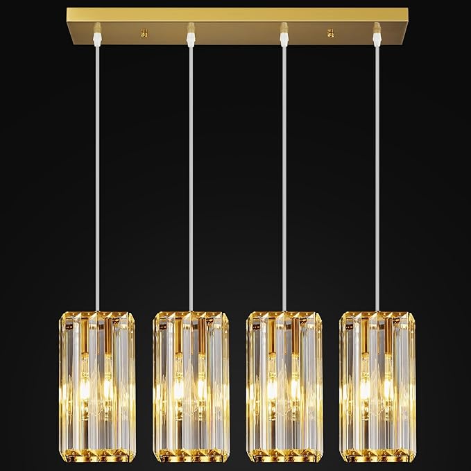 Modern Pendant Light Gold Rectangle Pendant Lighting Mini Crystal Chandeliers Adjustable Pendant Light Fixture for Kitchen Island Dinning Room Living Room Corridor Bedroom(Gold 4-Light)