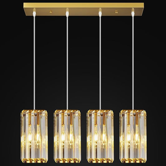 Modern Pendant Light Gold Rectangle Pendant Lighting Mini Crystal Chandeliers Adjustable Pendant Light Fixture for Kitchen Island Dinning Room Living Room Corridor Bedroom(Gold 4-Light)