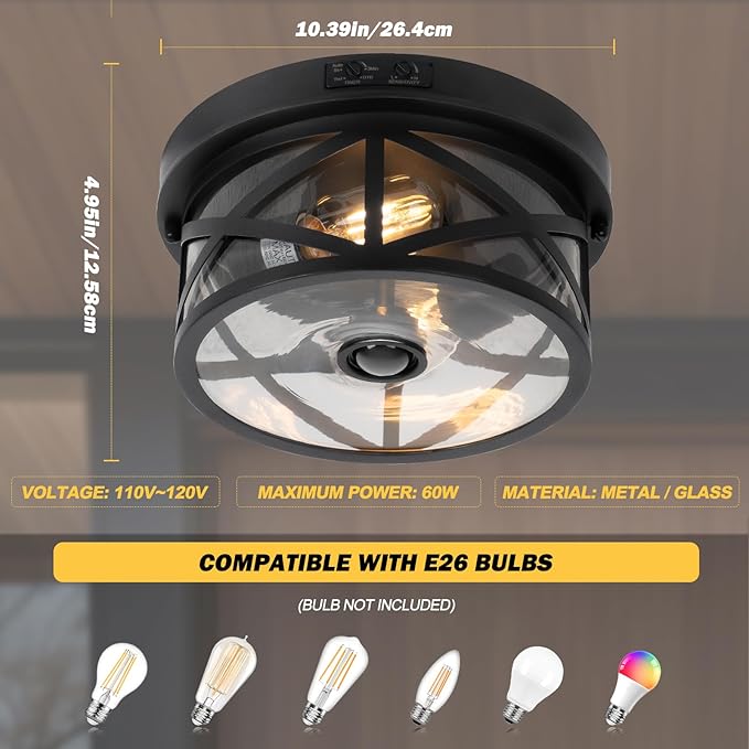 Motion Sensor Outdoor Ceiling Light, Adjustable Black Flush Mount Light Fixture, 2-Light Porch Lights Outdoor, Clear Glass Industrial Exterior Ceiling Lights for Patio, Garage, Entryway, Farmhouse