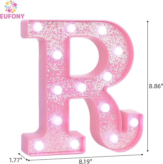 Pink Marquee Light Up Letters, Glitter Alphabet LED Letter Lights for Pink Birthday Party Decorations, Battery Operated Letter Sign for Girls Room Vanity Table Decor, Cool White Lights Letter R