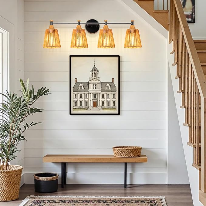 Bathroom Light Fixtures Vanity Lights Over Mirror, Rustic Farmhouse Rattan Wall Sconce with Boho Hand Woven Wall Lamp Natural Style Wall Mounted Light (30in - 5 Light)