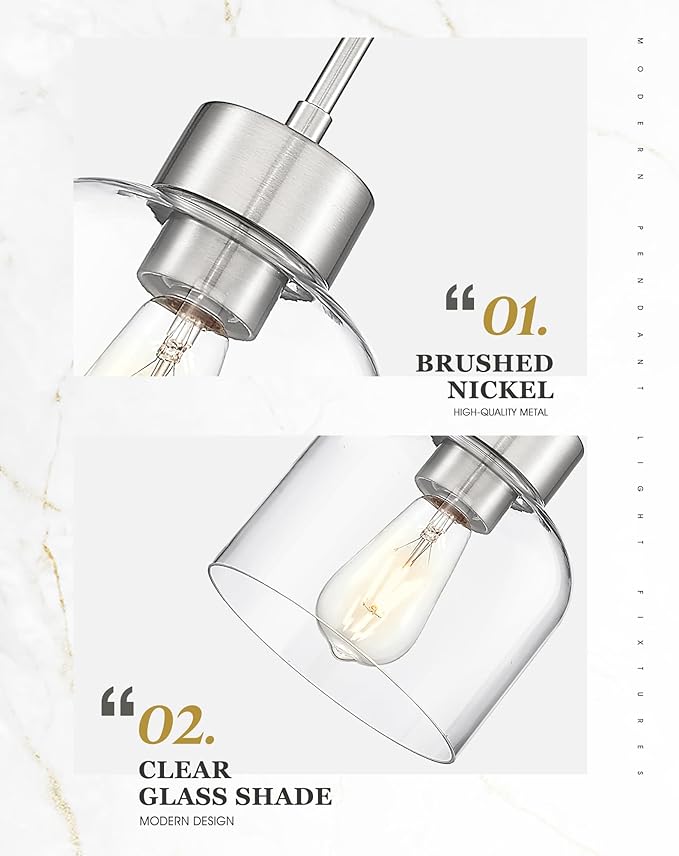 2-Pack Pendant Lights Kitchen Island, 7" Brushed Nickel Hanging Lights Fixtures with Clear Glass Shade, Modern Kitchen Pendant Lighting Over Island for Dining Room, AD-24024-1P2-SN