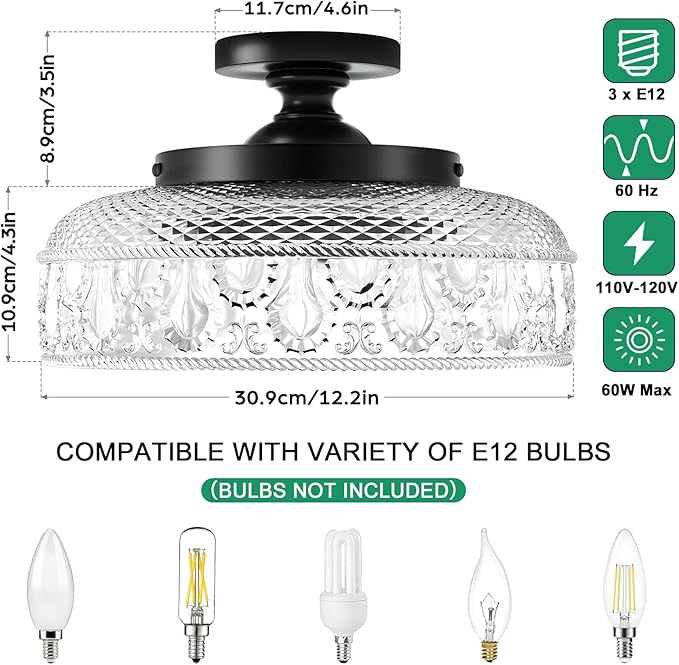Lamomo Semi Flush Mount Ceiling Light, Upgraded Larger 12 Inch Black Hallway Light Fixture, 3 Light Globe Glass Close to Ceiling Light, Indoor Hanging Light for Bedroom Kitchen Porch Hallway