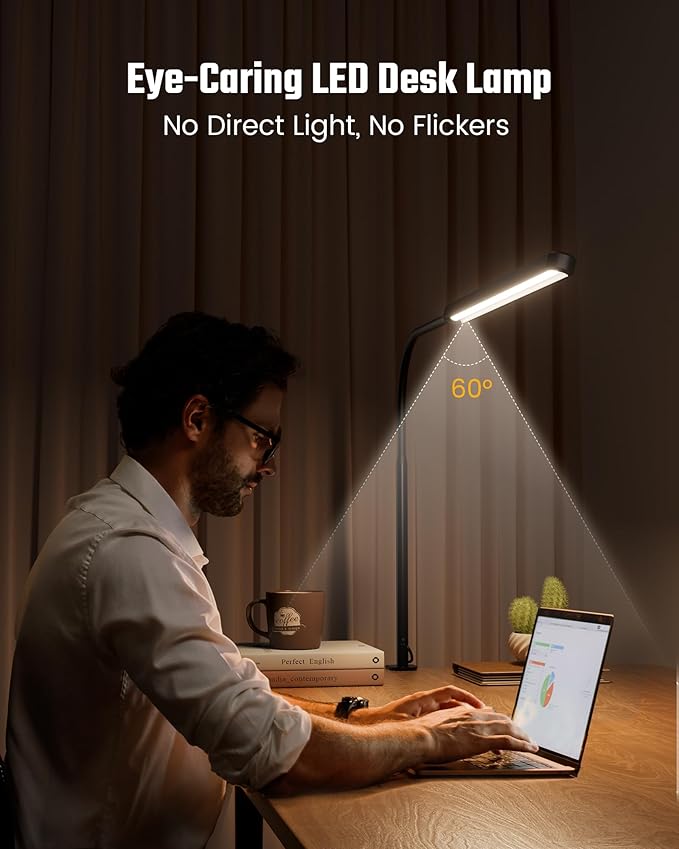 SUPERDANNY Eye-Caring LED Desk Lamp 360° Flexible Gooseneck Work Lamp with Desk Side Clamp Touch Control 3 Light Colors Smooth Dimming Task Lighting Reading Light for Home Office College Dorm, Black