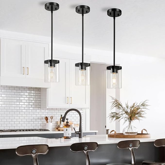 Modern Pendant Light Fixtures 3-Pack, Matte Black Pendant Lights Kitchen Island with Square Transparent Glass, Glass Pendant Light for Dining Room, Bedroom, Living Room, Farmhouse