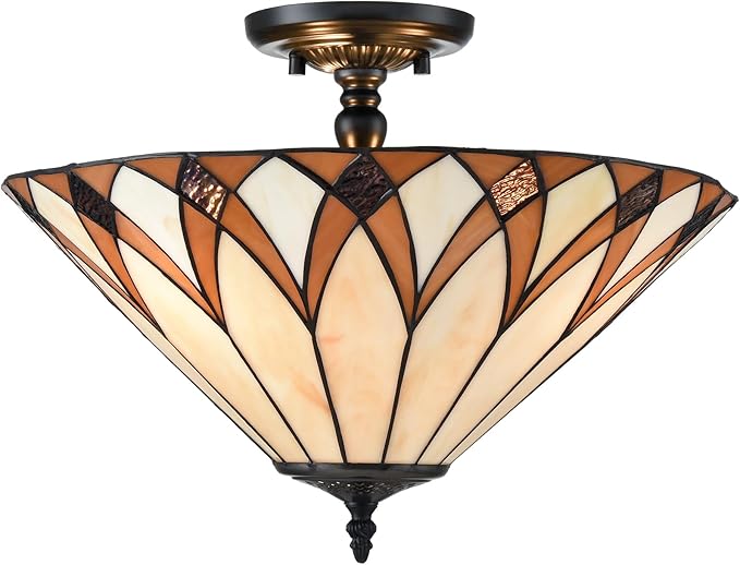 Tiffany Style Semi Flush Mount Ceiling Light 3-Light 16.1-Inch Vintage Stained Glass Ceiling Light Fixture for Bedroom Dining Living Room Foyer Entryway