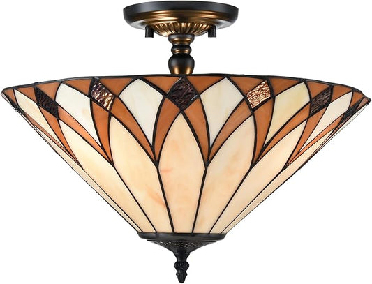 Tiffany Style Semi Flush Mount Ceiling Light 3-Light 16.1-Inch Vintage Stained Glass Ceiling Light Fixture for Bedroom Dining Living Room Foyer Entryway