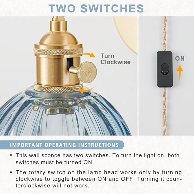 Plug in Wall Sconce, Vintage Sconce Light with Tulip Denim Blue Glass Lampshade, Bedside Wall Sconce with Switch and Plug in Wall Lamp Cord, Gold Wall Light for Bedroom