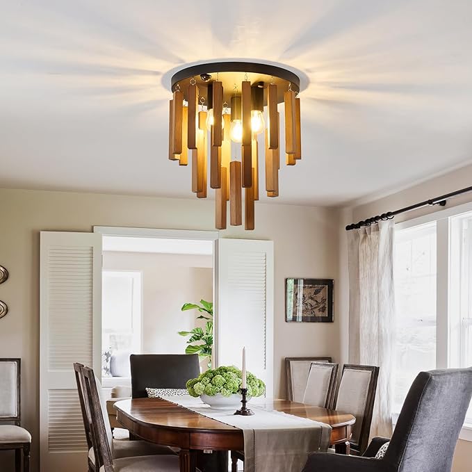 Motion Sensor Semi Flush Mount Ceiling Lights Boho Wood Light Fixture 3-Light Farmhouse Chandelier Oak and Black Ceiling Lighting with E26 for Kitchen Living Room Entryway Bedroom Dining Room