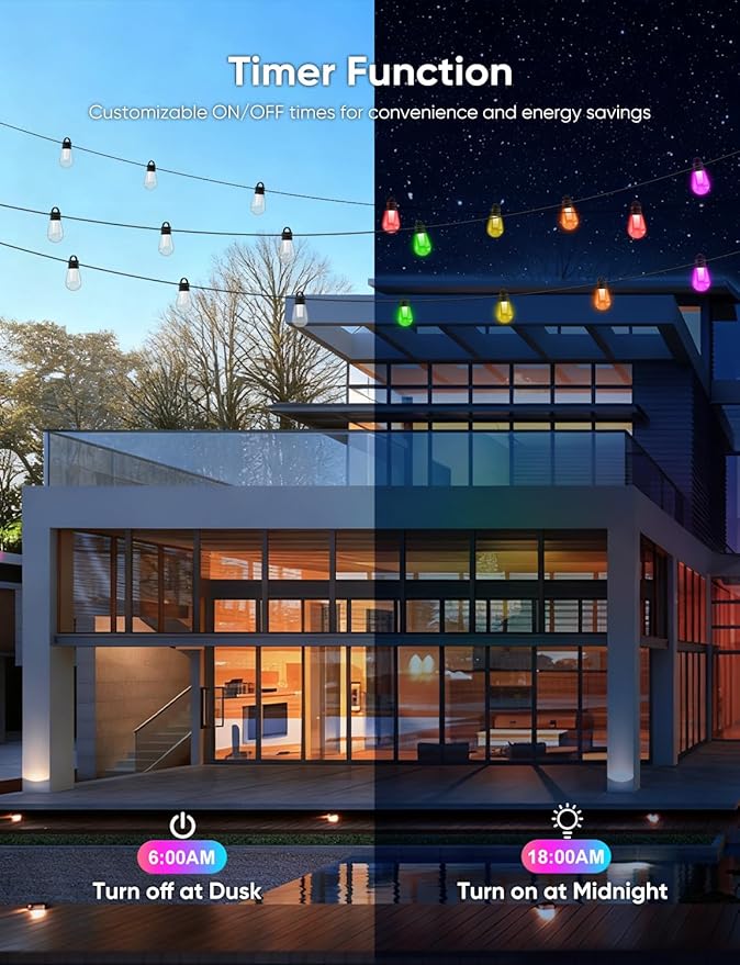 APPECK Outdoor String Lights, 200ft Smart RGBW Patio Lights for Outside with 60 LED Bulbs, Extenable, 111 Scene Modes, IP65 Waterproof Lighting for Backyard, Dimmable Warm White, Compatible with Alexa