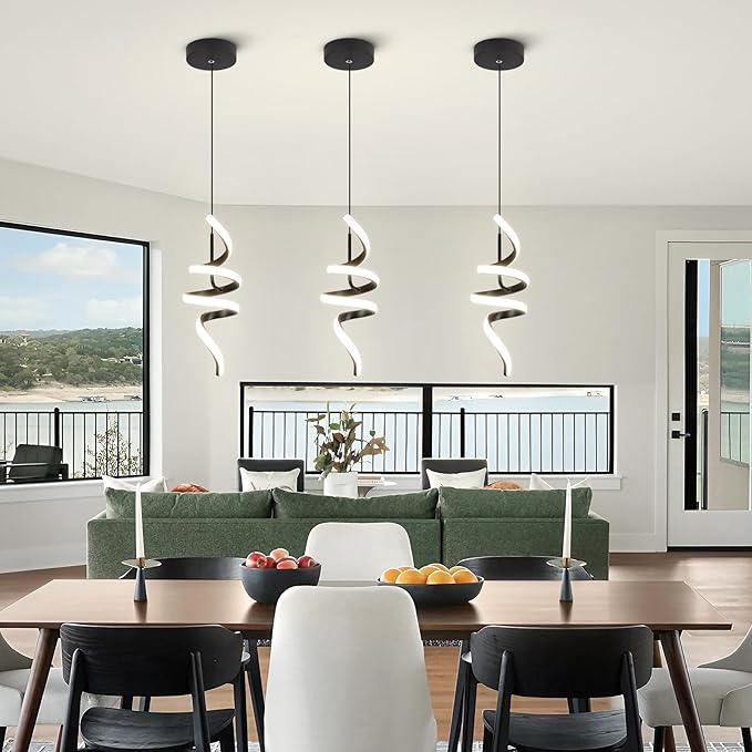 4000K Modern Pendant Light, 15IN Spiral LED Pendant Lights Adjustable Height Black Kitchen Island Fixtures Chandeliers for Dining Room Hanging Lights, 1 Pack