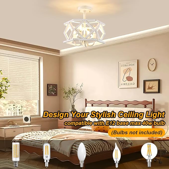 Antique White Semi Flush Mount Ceiling Light, Modern Foyer Lighting Fixture, 4-Light Metal Ceiling Lamp, Small Farmhouse Chandelier for Hallway Entryway Porch Bedroom Kitchen