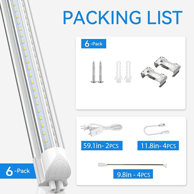 CNSUNWAY 2FT LED Shop Light, 20W 3000K Warm White, T8 LED Tube Light, Ceiling and Utility Shop Lights, Linkable Under Counter Lights for Kitchen, Garage, Workbench, Basement, ETL Listed (Pack of 6)