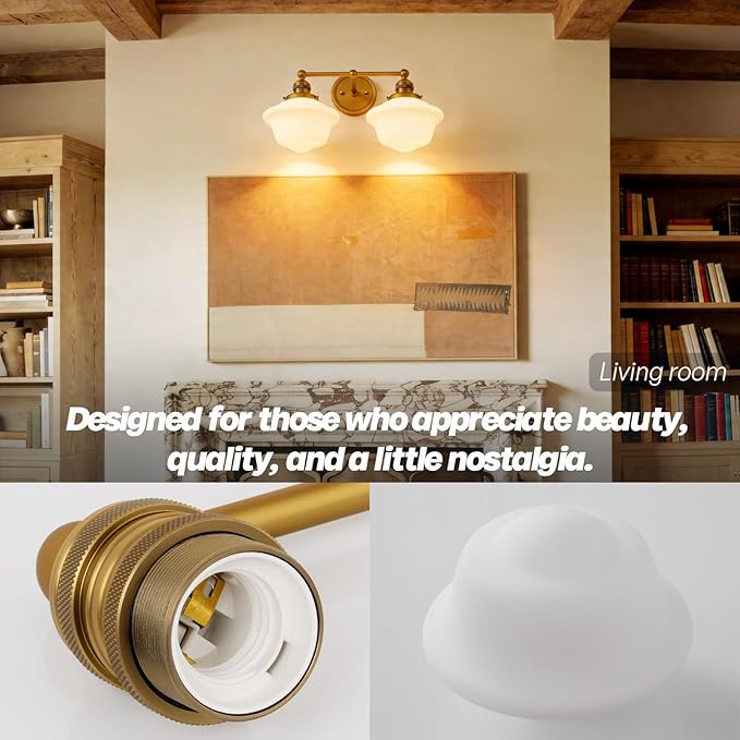 Vintage 2-Lights Wall Sconce Lights Brass Gold Bathroom Vanity Light with Milk Glass Double Sconce Wall Mounted Lamp for Bedroom Living Room Bathroom Mirror Kitchen Hallway Hardwire