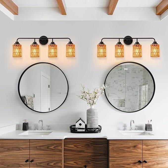 Bathroom Vanity Light, 4-Lights Boho Bathroom Light Fixtures Over Mirror with Rustic Handwoven Shades 30 inch Farmhouse Wall Sconce Lighting