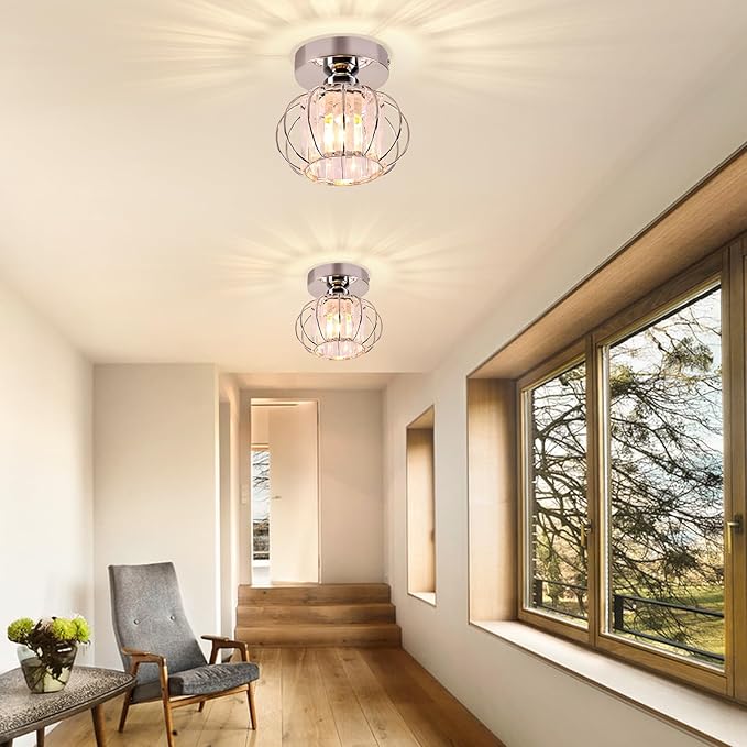FRIXCHUR Small Chandelier Semi Flush Mount Ceiling Light Fixture Chrome Crystal Ceiling Lighting Modern Crystal Ceiling Light Fixture for Hallway Closet Kitchen Island Dining Room Bedroom E26 Base