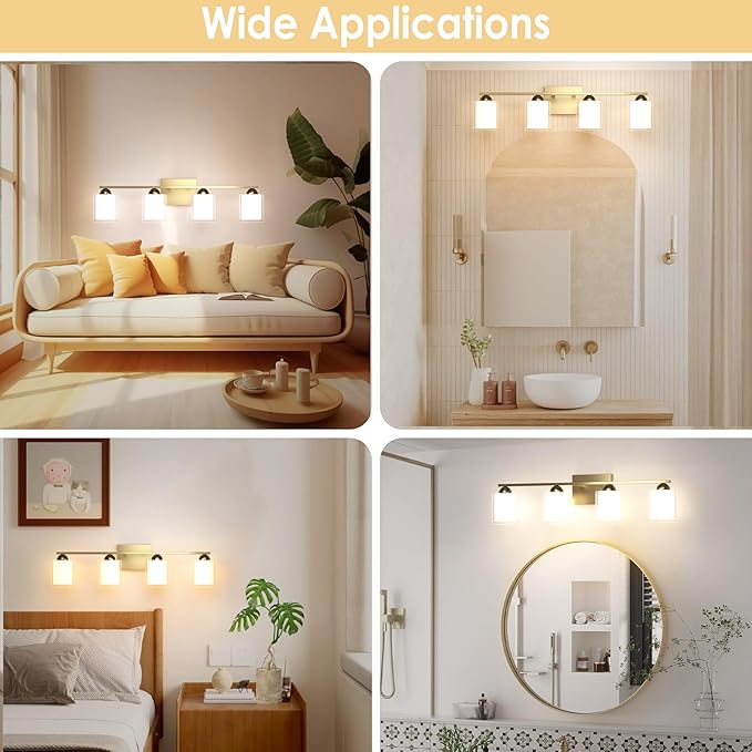 Quntis Gold Bathroom Light Fixtures, 4 Light Modern Vanity Lights Over Mirror, 5 Colors & Stepless Dimmable LED Bathroom Lighting with Milk White Frosted Glass, 27 Inch (Bulbs Included)