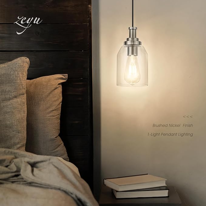 zeyu Modern Pendant Light 2 Pack, Hanging Ceiling Light Fixture for Dining Room Bedroom, Brushed Nickel Pendant Lighting with Clear Glass Shade, ZG33M1L-2 BN