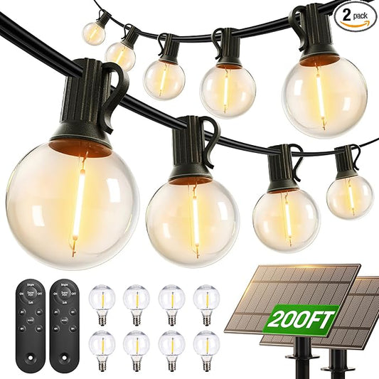 addlon 200FT(2 Pack*100FT) Solar String Lights Outdoor Waterproof with Remote, Dimmable Commercial Grade Solar Powered String Lights with 108 LED Bulbs, Hanging Light for Backyard Party Decor