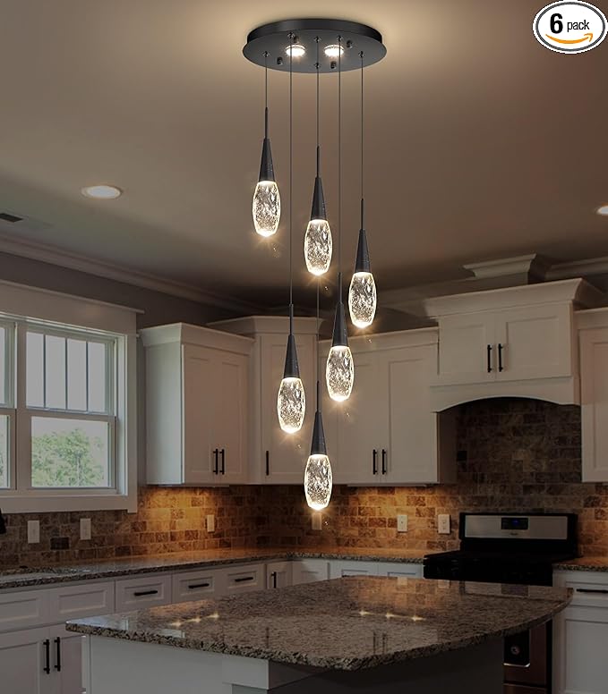 6-Lights Adjustable Pendant Lights for Kitchen Island LED Dimmable Light Fixture Modern Glam Crystal Hanging Lighting for Dining Room Bedroom Black