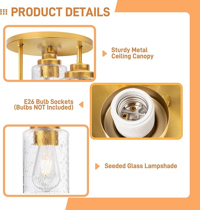 hykolity 3-Light Semi Flush Mount Ceiling Light, 9 Inch Gold Close to Ceiling Light Fixtures with Seeded Glass Shades, Modern Ceiling Lighting for Kitchen, Bedroom, Entryway, Hallway, ETL Listed