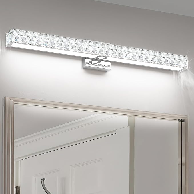 SOLFART Bathroom Vanity Lighting, Crystal Bathroom Light Fixtures Over Mirror LED Lights for Restroom, 32.5 Inch Chrome Light Over Mirror