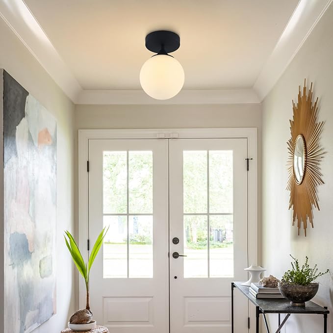 KCO Lighting Mid Century Modern Semi Flush Mount Ceiling Light Fixture White Globe Flush Mount Ceiling Light Farmhouse Black Ceiling Light Milk Glass Hallway Close to Ceiling Light