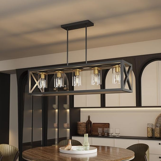 Espird Black Gold Dining Room Light Fixture - 5 Light Chandeliers for Dining Room with Clear Glass Shade & Adjustable Height & Thickened Metal Rectangle Dining Table Light Fixture