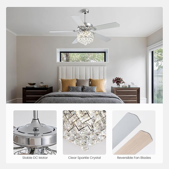 CROSSIO 52" Crystal Ceiling Fan with Light Dimmable LED Chandelier Ceiling Fan Modern Reversible Fandelier Light Fixture with Remote for Bedroom Dining Room Living Room Chrome