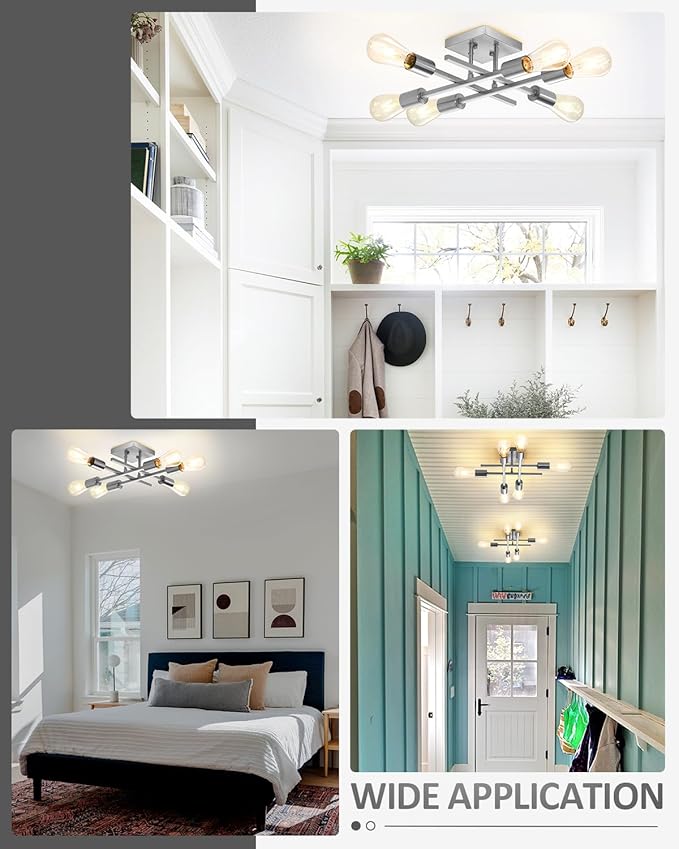 6-Light Semi Flush Mount Ceiling Light Fixture, Modern Brushed Nickel Sputnik Chandelier Lighting, Farmhouse E26 Stock Ceiling Lamp Kitchen Bedroom Living Room Entryway, Bulbs Not Included