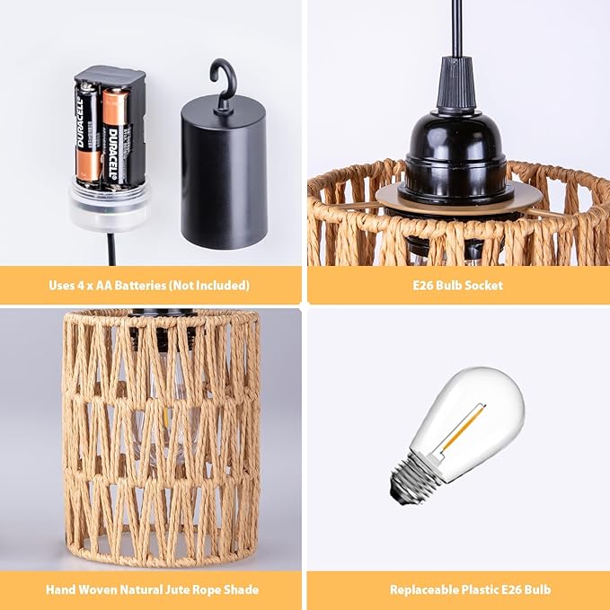 Battery Operated Chandelier, Battery Hanging Pendant Light, Rattan Lights with Warm White Bulb, 4*AA Battery Powered, for Gazebo Pergola Porch Patio Outdoor Indoor Decor (2)