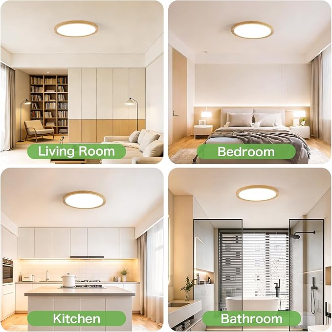 Kimjo 12 Inch 24W Modern Flush Mount Ceiling Light, 3 Color Temperature Wood Grain Flat Ceiling Light Fixture Led Light for Bedroom Kitchen Bathroom Hallway