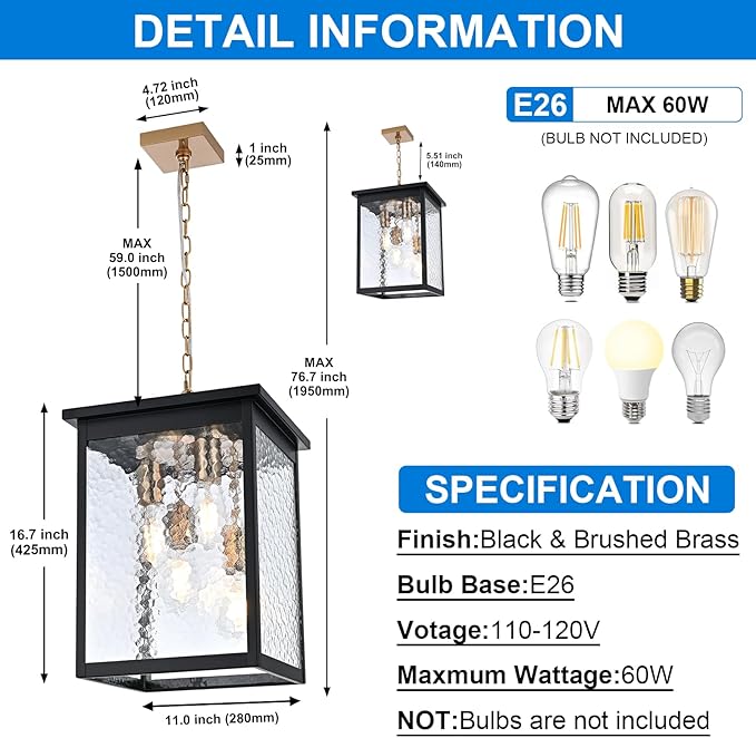 Large Outdoor Pendant Light Fixture, 4-Light Black & Brushed Brass Farmhouse Exterior Hanging Light Fixture with Hammer Glass Adjustable Chain, Outdoor Hanging Lantern for Porch Entrance Front