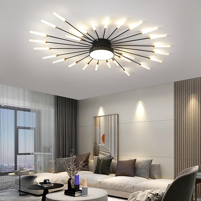 JAYMP 41.3" Ceiling Light Modern Flower Shape Ceiling Lamp for Living Room Dining Room Flush Mount Metal Acrylic Sputnik Firework Petal LED Lighting Fixture (Matte Black, 28+1 Lights)